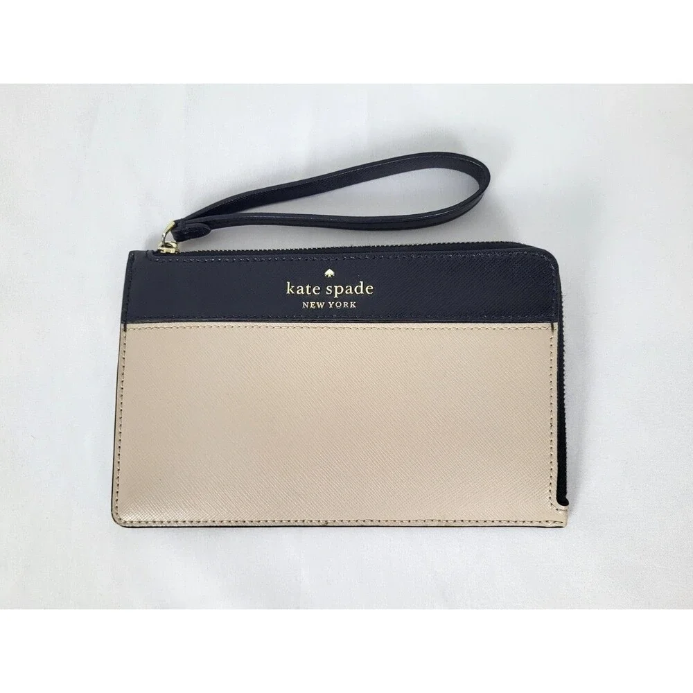 Kate Spade Staci Leather Wristlet Wallet Warm Beige Colorblock L Zip